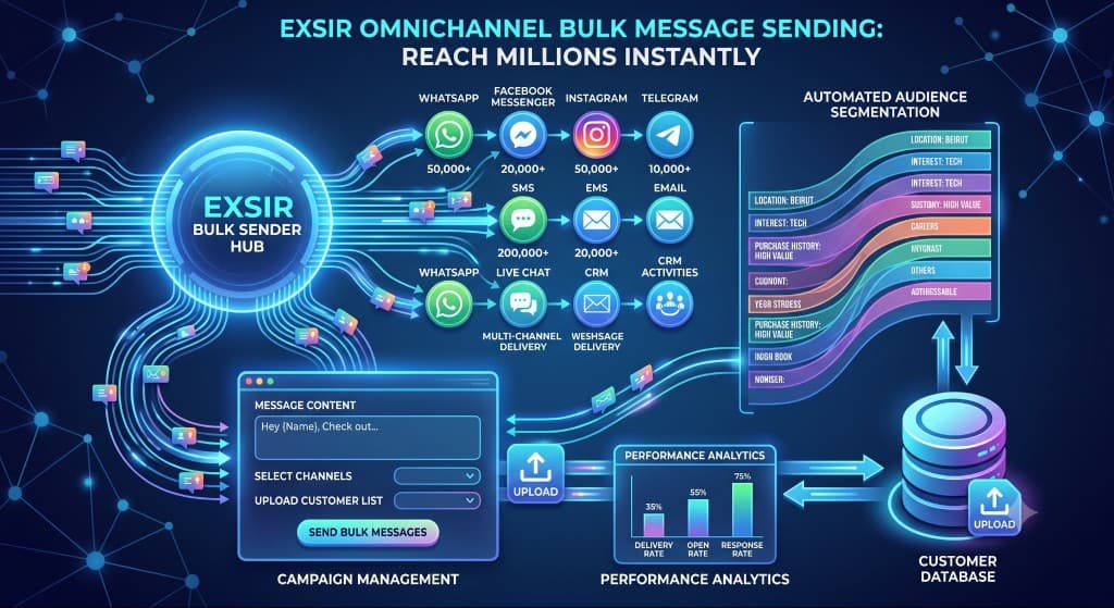 EXSIR omnichannel bulk message sending — reach millions instantly