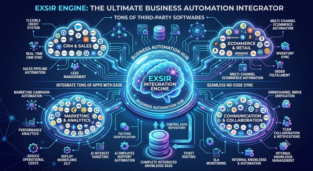 EXSIR integration engine — business automation hub connecting CRM, ecommerce, marketing, and collaboration tools